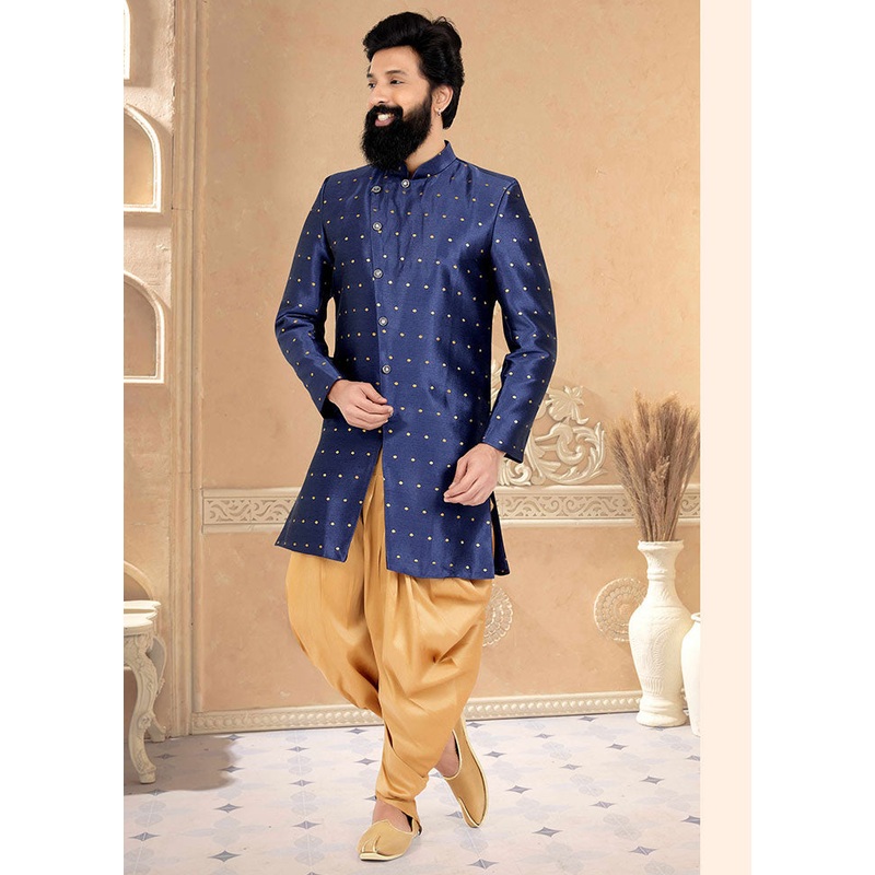 2 Pc Navy Blue Dupion Silk Kurta And Pajama Set - JD986582588