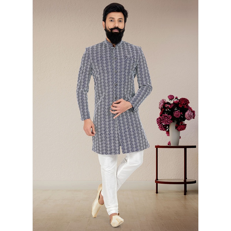 2 Pc Navy Blue Dupion Silk Kurta And Pajama Set - JD986582589