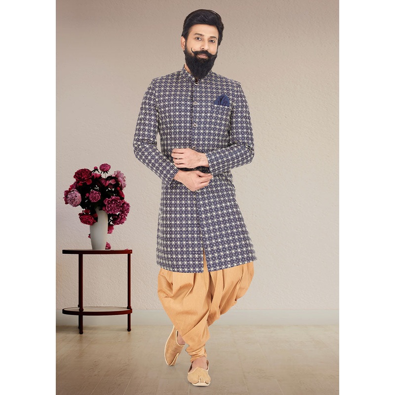 2 Pc Navy Blue Dupion Silk Kurta And Pajama Set - JD986582590