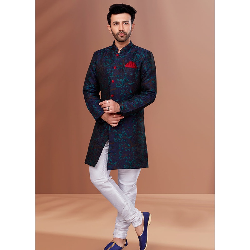 2 Pc Navy Blue Dupion Silk Kurta Pajama Set - JD986582587