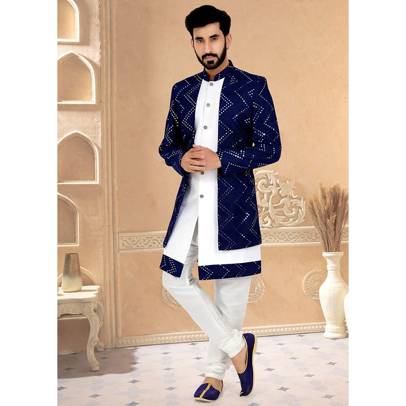 2 Pc Navy Blue Georgette Kurta And Pajama Set - JD986582586