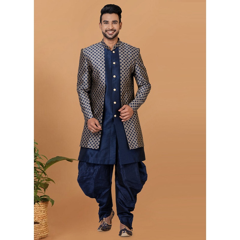2 Pc Navy Blue Silk Kurta Pajama Set - JD986582582