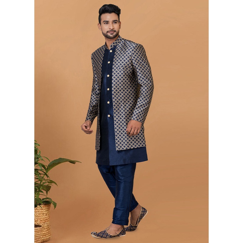 2 Pc Navy Blue Silk Kurta Pajama Set - JD986582583