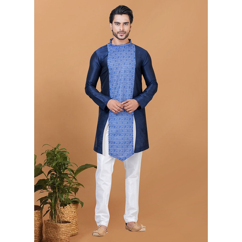 2 Pc Navy Blue Silk Kurta Pajama Set - JD986582584