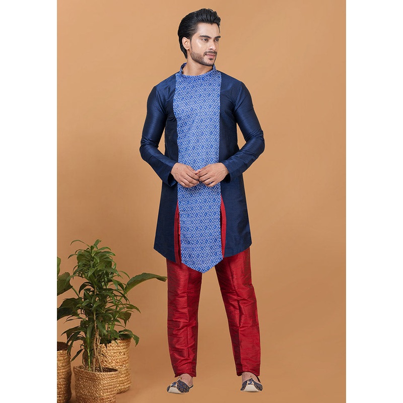 2 Pc Navy Blue Silk Kurta Pajama Set - JD986582585