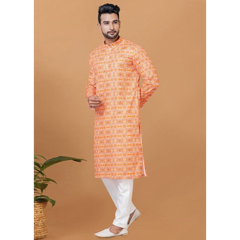 2 Pc Orange Cotton Kurta Pajama Set - JD986582580