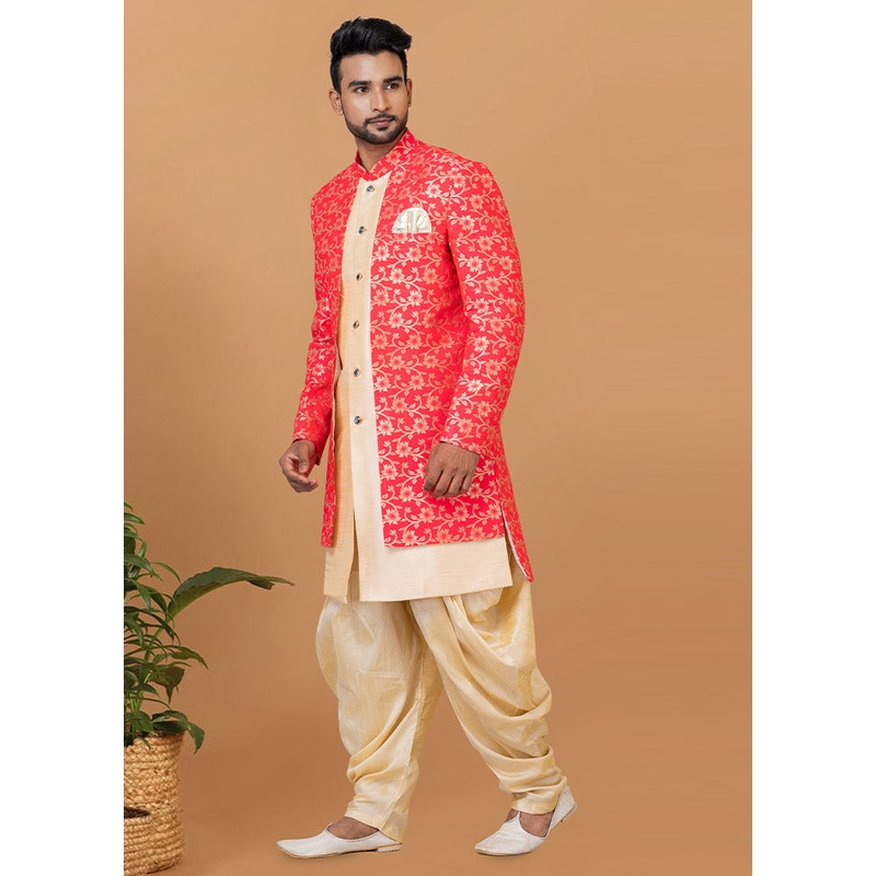2 Pc Orange Silk Kurta Pajama Set - JD986582575