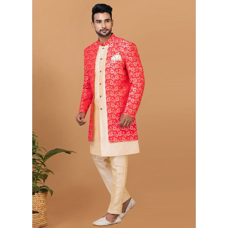 2 Pc Orange Silk Kurta Pajama Set - JD986582576