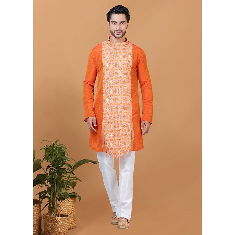 2 Pc Orange Silk Kurta Pajama Set - JD986582577