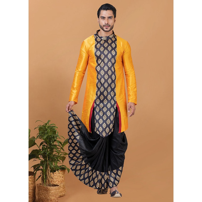 2 Pc Orange Silk Kurta Pajama Set - JD986582578