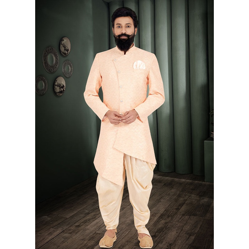 2 Pc Peach Cotton Kurta And Pajama Set - JD986582574