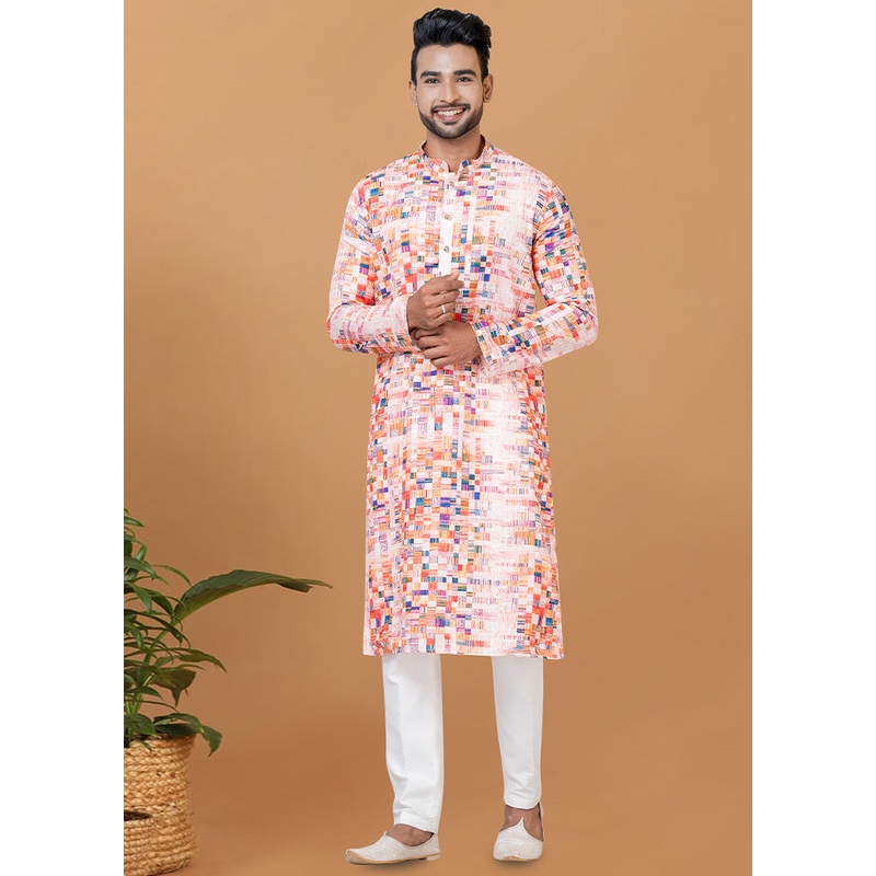 2 Pc Peach Cotton Kurta Pajama Set - JD986582573
