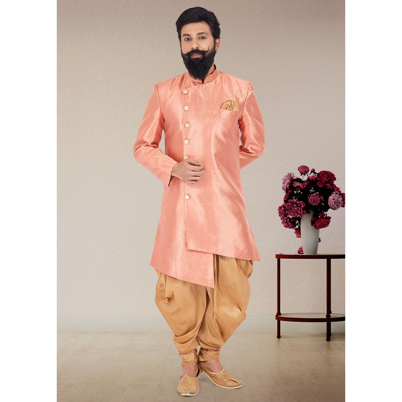 2 Pc Peach Dupion Silk Kurta And Pajama Set - JD986582571