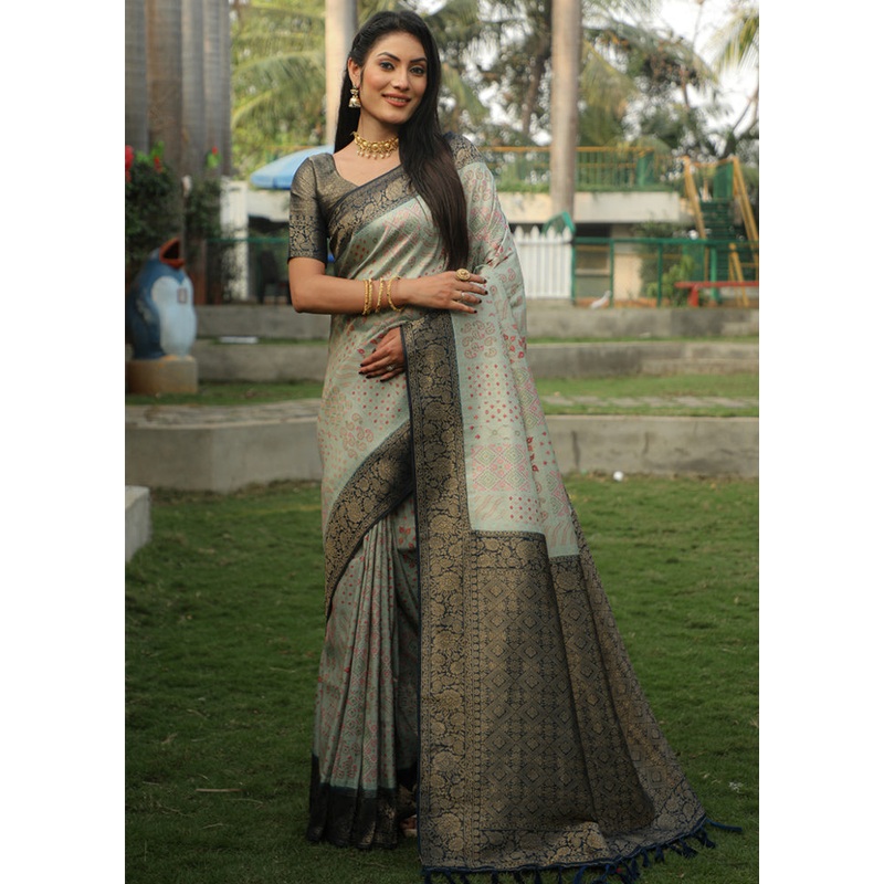 Aqua Dupion Silk Saree With Blouse Piece - JD986582726