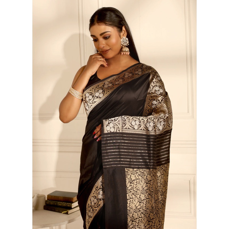 Black Katan Pure Silk Saree With Blouse Piece - JD986582703
