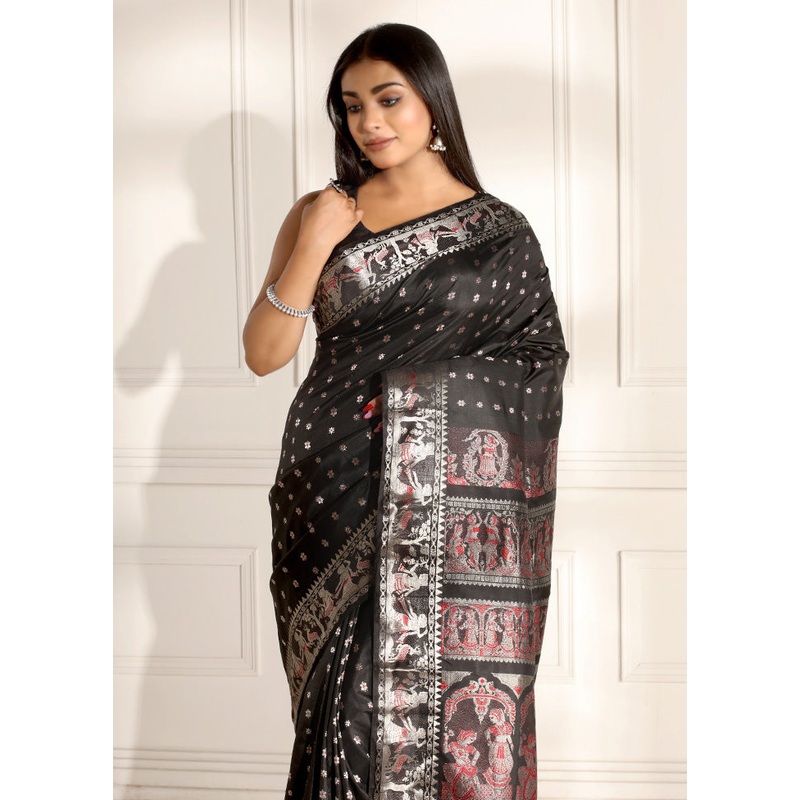 Black Katan Pure Silk Saree With Blouse Piece - JD986582704