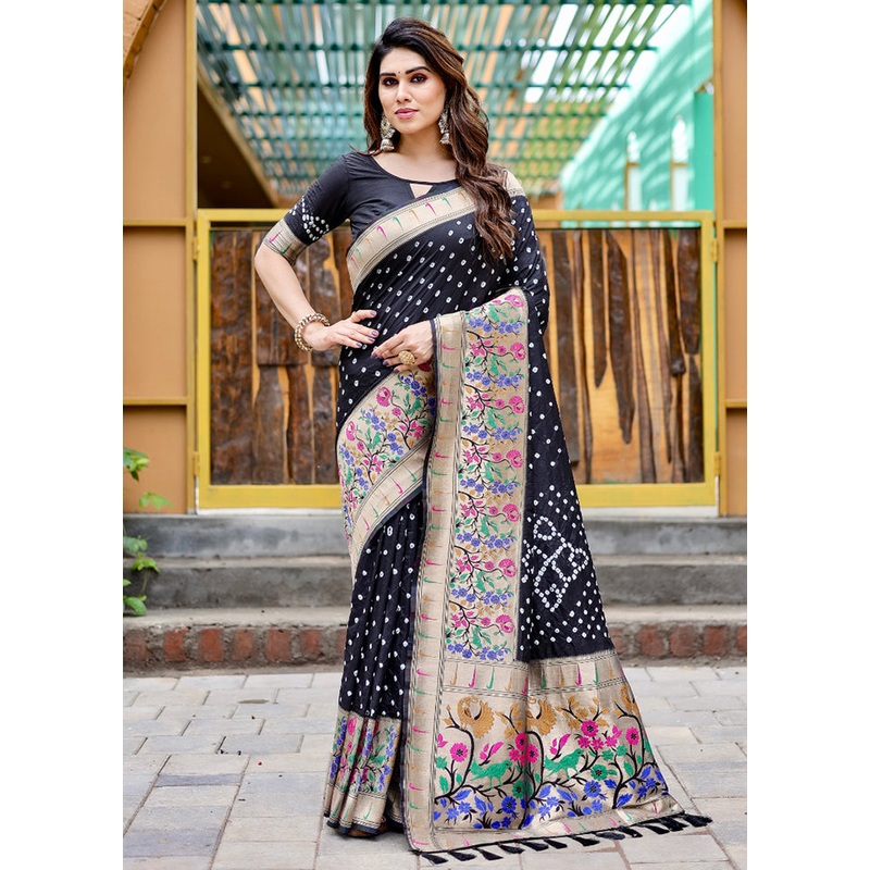Black Pure Dupion Silk Saree With Blouse Piece - JD986582725