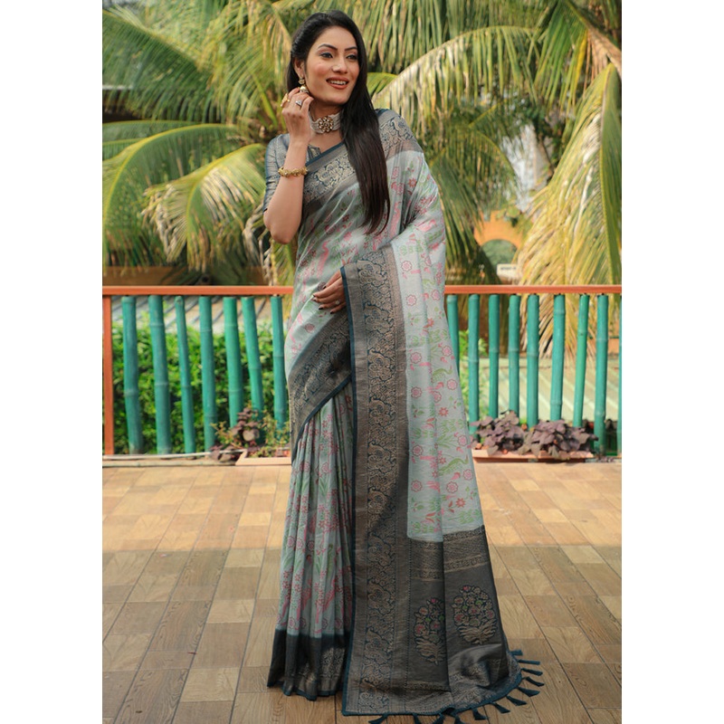 Blue Dupion Silk Saree With Blouse Piece - JD986582724