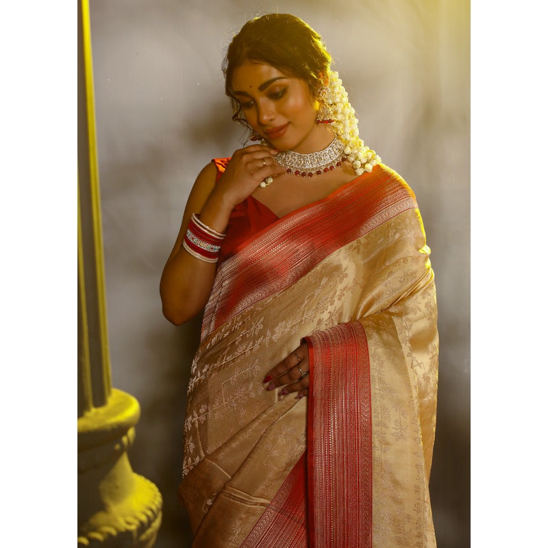 Cream Katan Pure Silk Saree With Blouse Piece - JD986582701