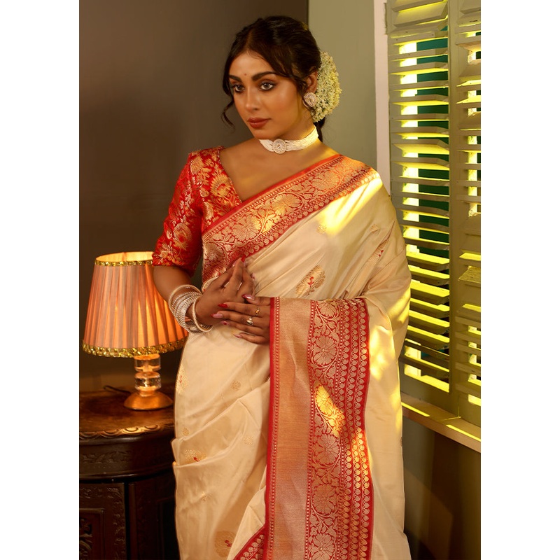 Cream Katan Pure Silk Saree With Blouse Piece - JD986582702
