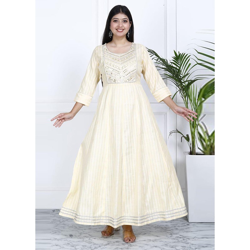 Cream Readymade Cotton Indian Dress - JD986582764