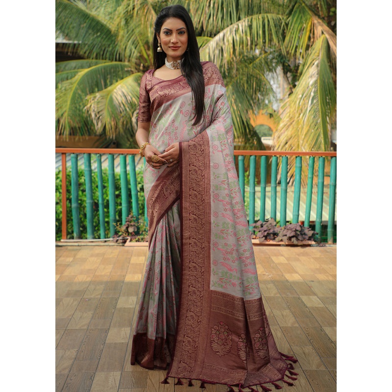Grey Dupion Silk Saree With Blouse Piece - JD986582719