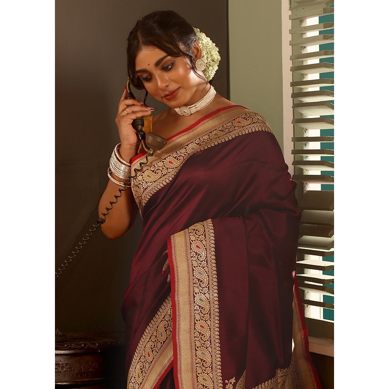 Maroon Banarasi Pure Silk Saree With Blouse Piece - JD986582698