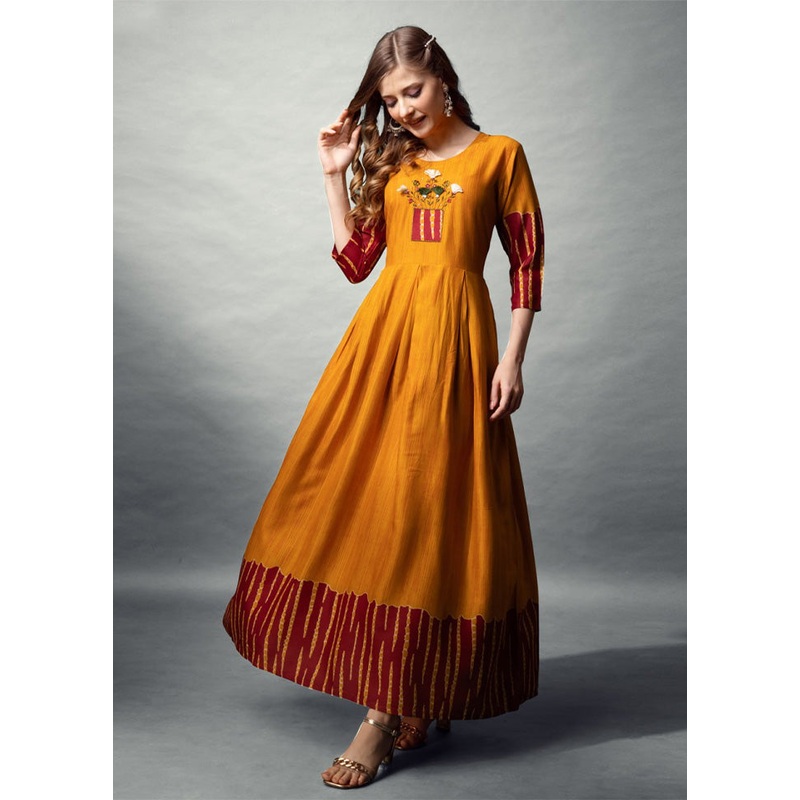 Mustard Readymade Rayon Indian Dress - JD986582739