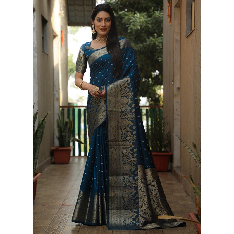 Navy Blue Pure Dupion Silk Saree With Blouse Piece - JD986582715