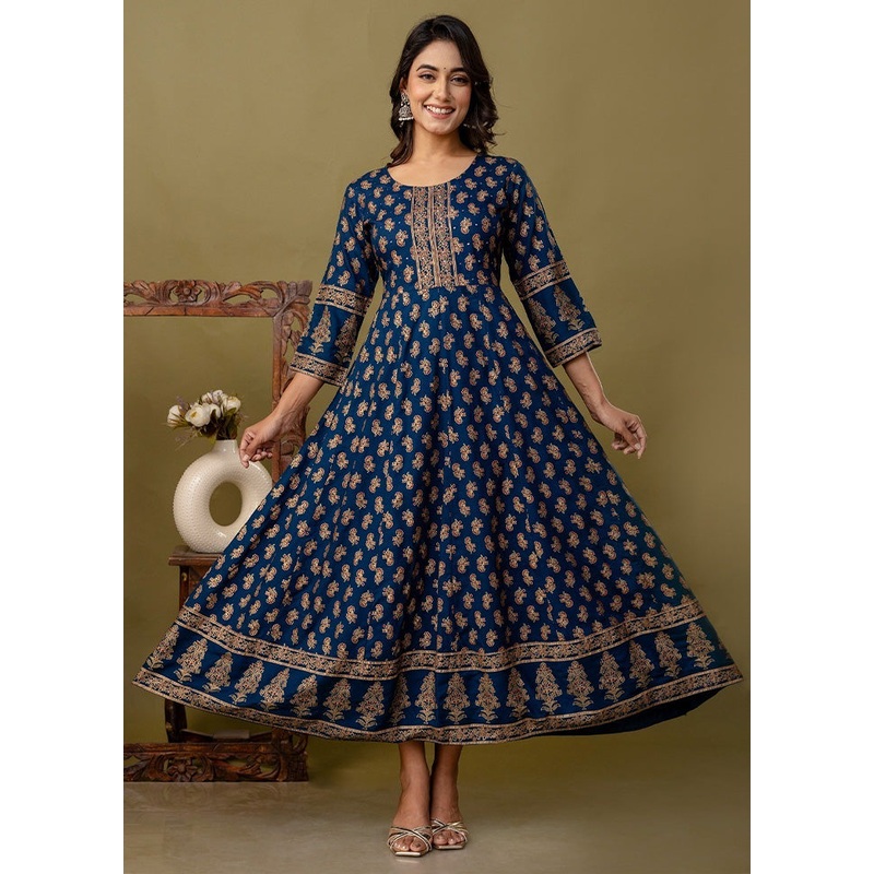 Navy Blue Readymade Rayon Indian Dress - JD986582734