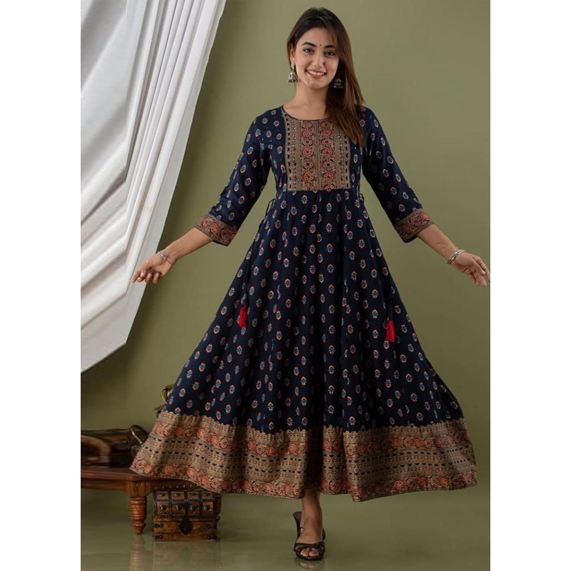 Navy Blue Readymade Rayon Indian Dress - JD986582736