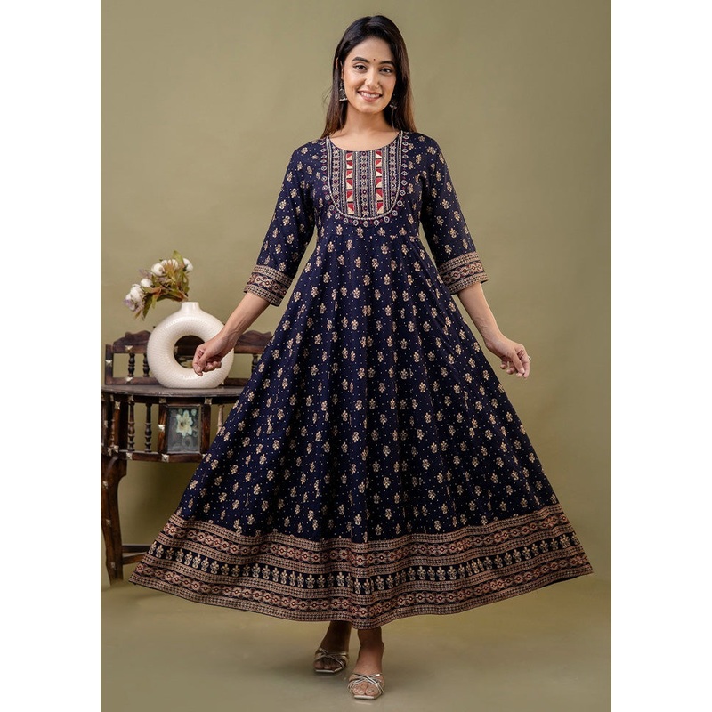 Navy Blue Readymade Rayon Indian Dress - JD986582737