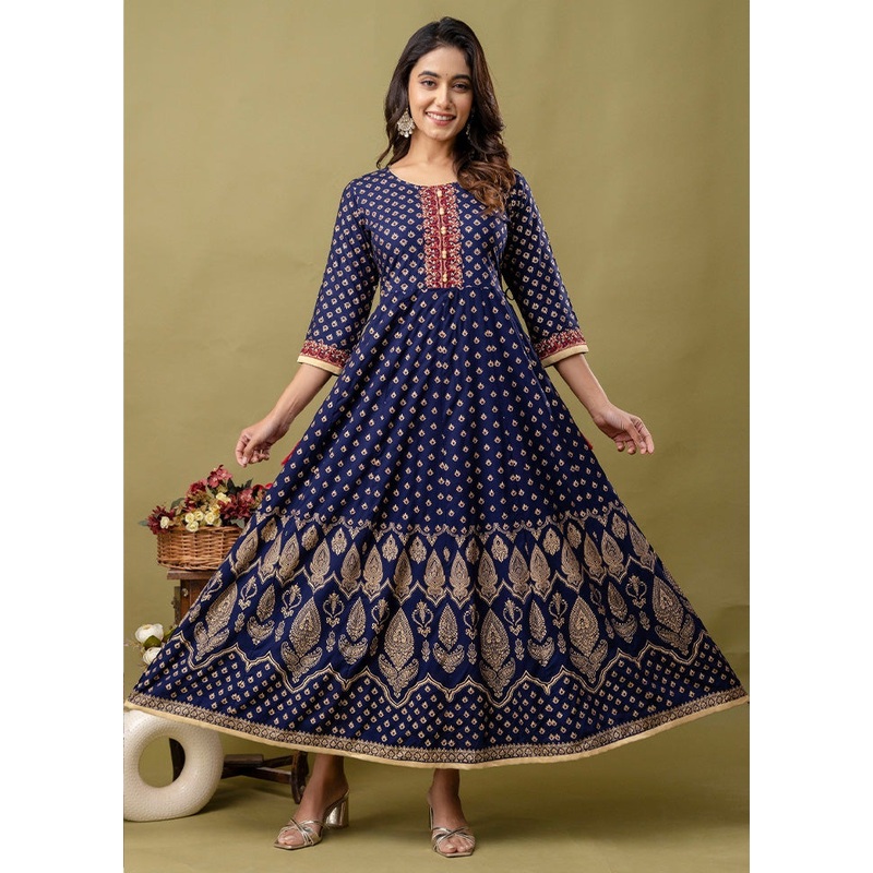 Navy Blue Readymade Rayon Indian Dress - JD986582738