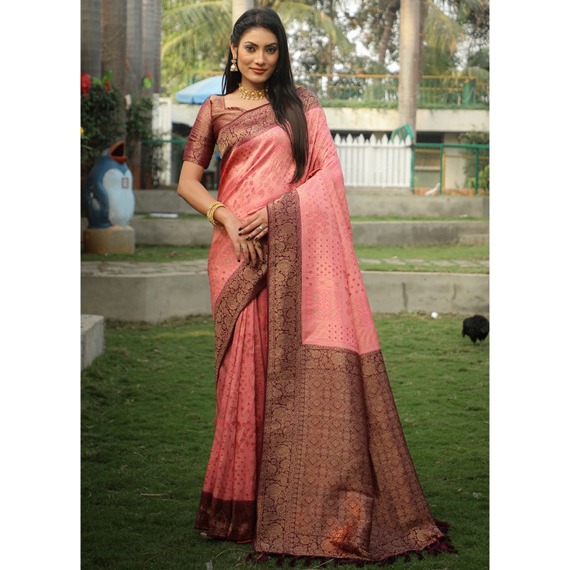 Pink Dupion Silk Saree With Blouse Piece - JD986582711