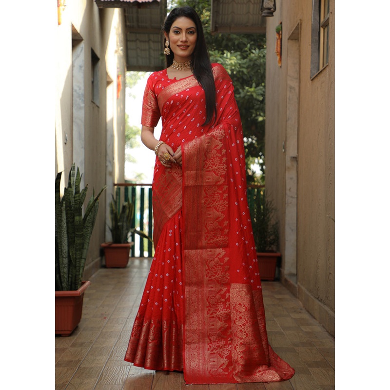 Red Pure Dupion Silk Saree With Blouse Piece - JD986582706
