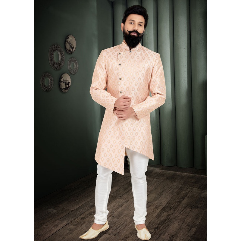 2 Pc Peach Dupion Silk Kurta And Pajama Set - JD986582570