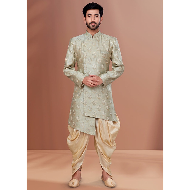 2 Pc Pista Green Dupion Silk Kurta Pajama Set - JD986582566