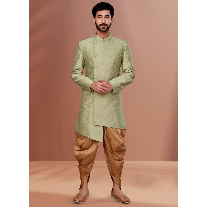 2 Pc Pista Green Dupion Silk Kurta Pajama Set - JD986582567