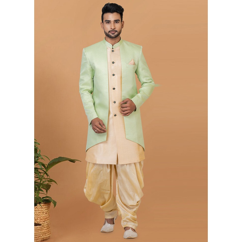 2 Pc Pista Green Silk Kurta Pajama Set - JD986582564