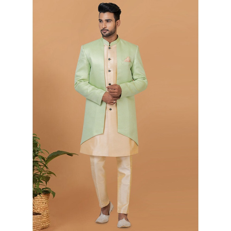 2 Pc Pista Green Silk Kurta Pajama Set - JD986582565