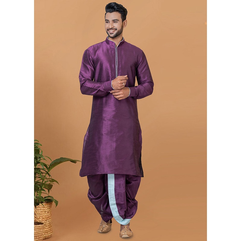 2 Pc Purple Dupion Silk Kurta And Dhoti Set - JD986582563