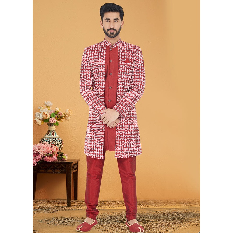2 Pc Red Cotton Kurta And Pajama Set - JD986582562