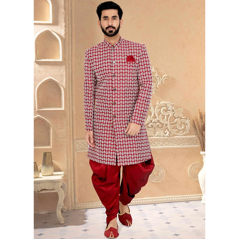2 Pc Red Dupion Silk Kurta And Pajama Set - JD986582556