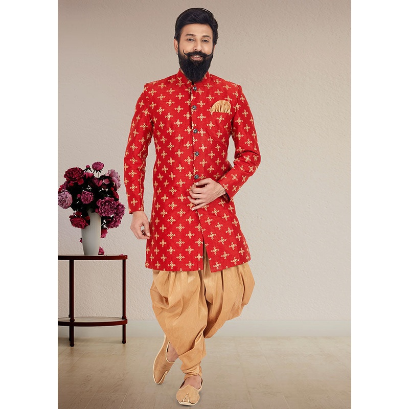 2 Pc Red Dupion Silk Kurta And Pajama Set - JD986582557