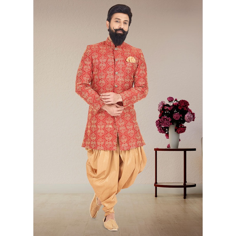2 Pc Red Dupion Silk Kurta And Pajama Set - JD986582558