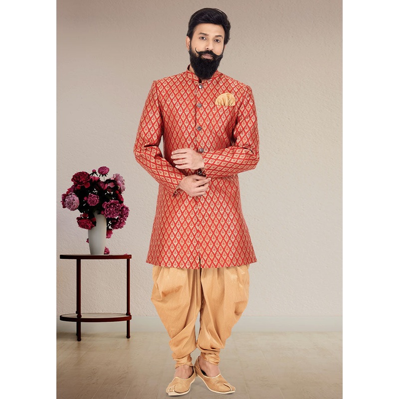 2 Pc Red Dupion Silk Kurta And Pajama Set - JD986582559