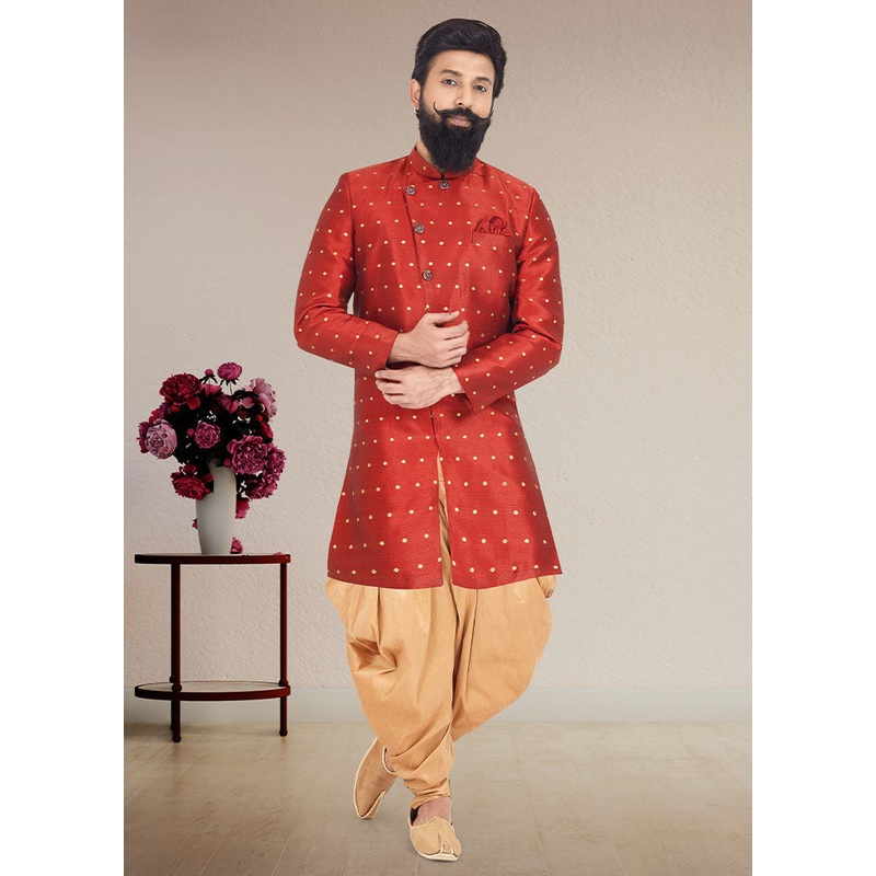 2 Pc Red Dupion Silk Kurta And Pajama Set - JD986582560