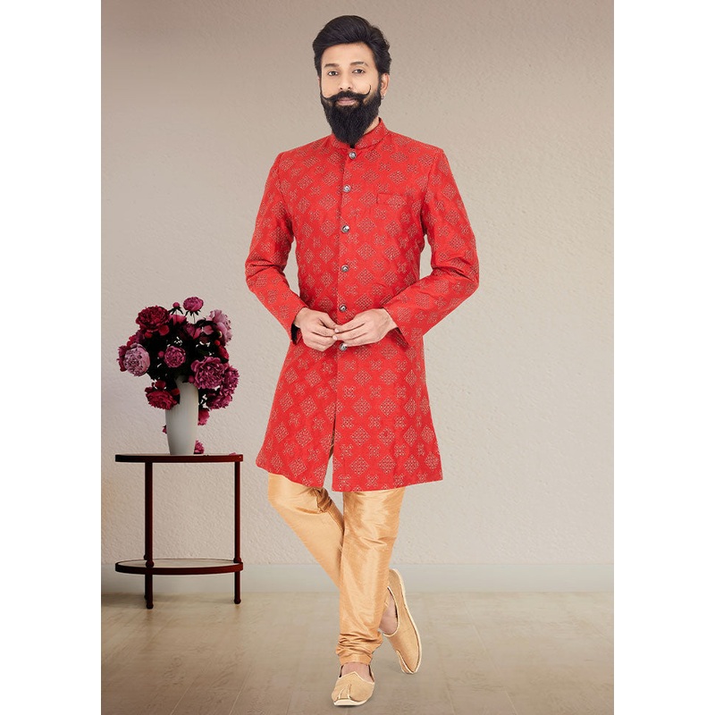 2 Pc Red Dupion Silk Kurta And Pajama Set - JD986582561
