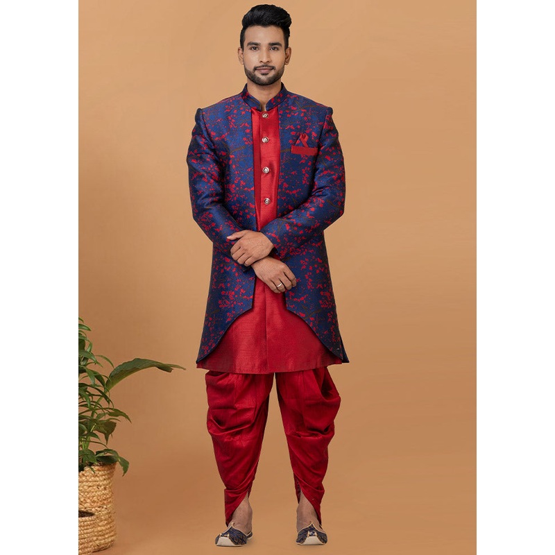 2 Pc Red Silk Kurta Pajama Set - JD986582554
