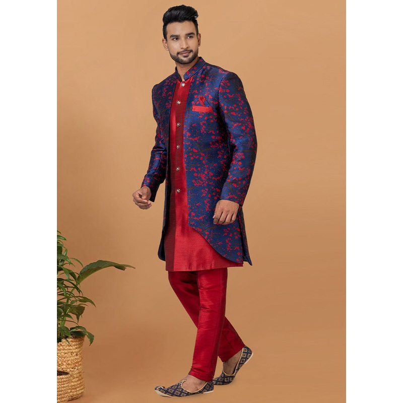 2 Pc Red Silk Kurta Pajama Set - JD986582555